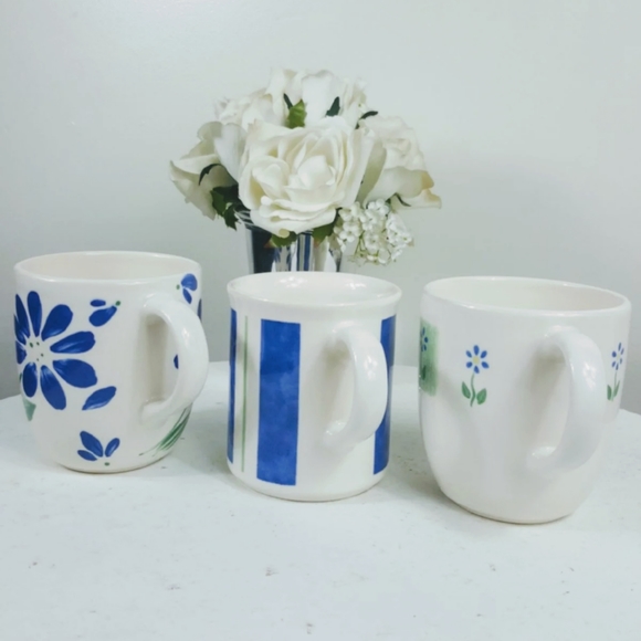 3 Russian MCM Antique Vintage Ceramic Stoneware Blue Coffee Mug Matching Set - Picture 4 of 6